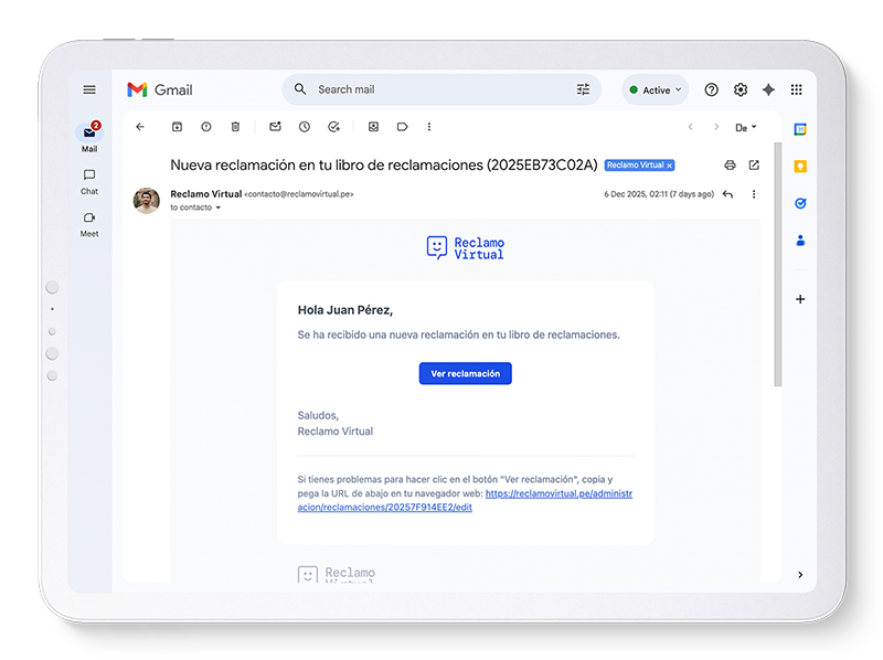 Notificación interna de nuevo reclamo para el equipo de atención