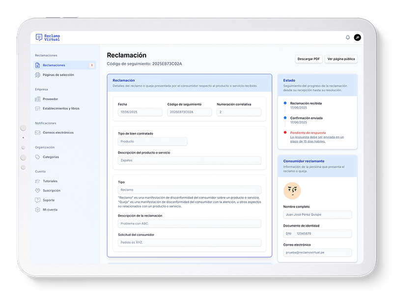 Panel de administración con historial de reclamos y respuestas